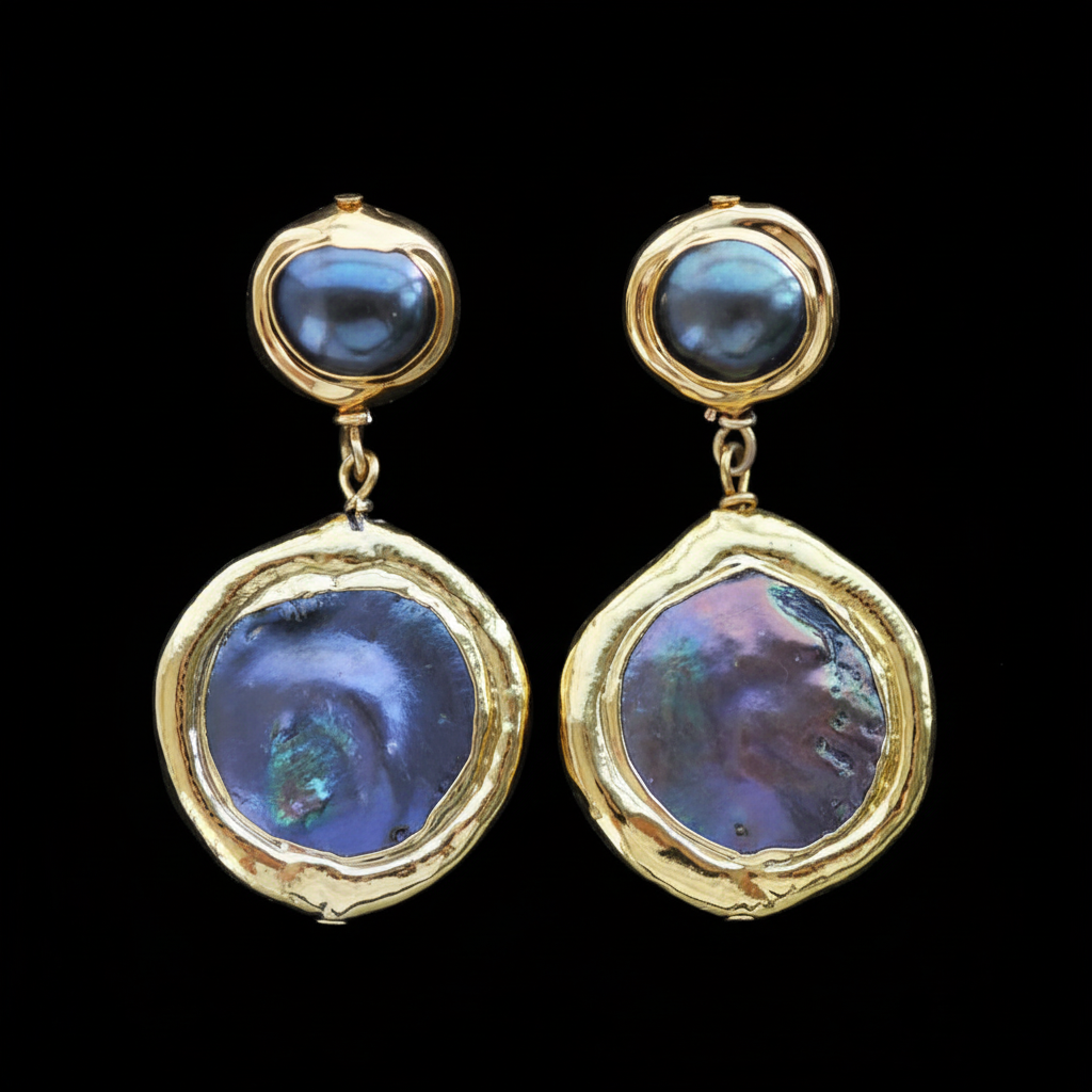 Boucles d'oreilles dorées avec perles baroques bleues irisées sur fond noir