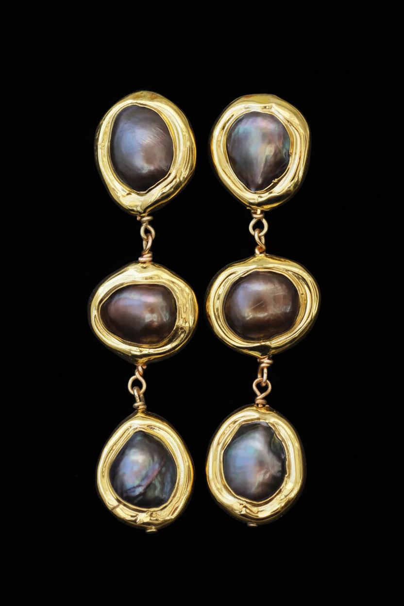 Boucles d'oreilles longues dorées avec trois perles baroques sur fond noir