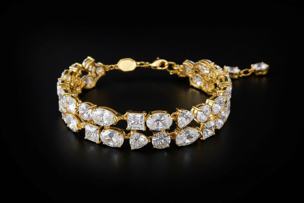 Bracelet double rang en or avec cristaux ovales sur fond noir